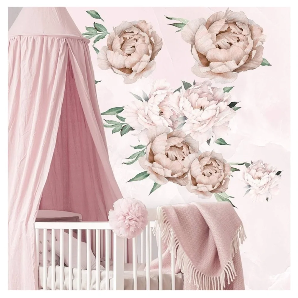 Pink peach watercolor peonies flowers wall decals brand new